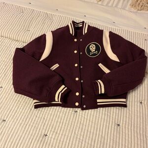 Free People Maroon Varsity Jacket with Skull Patch